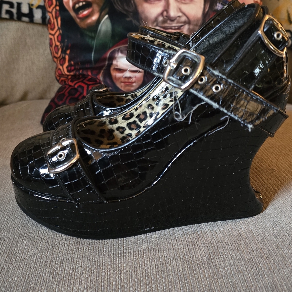 Demonia Black Cheetah -Patterned Wedges